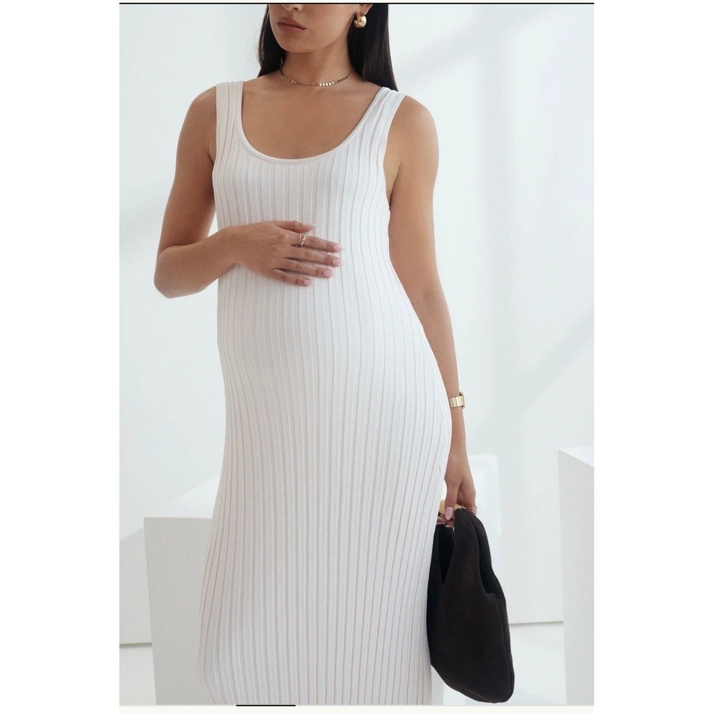 White Ribbed Knit Maternity Maxi Dress Sleeveless Scoop Neck Bodycon Tank Dress - Picture 5 of 12